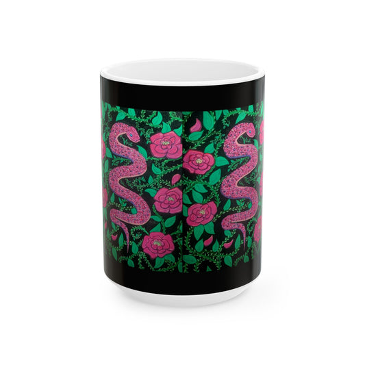 Pink Snake & Rose Ceramic Mug — 11oz/15oz Floral Serpent Coffee Cup