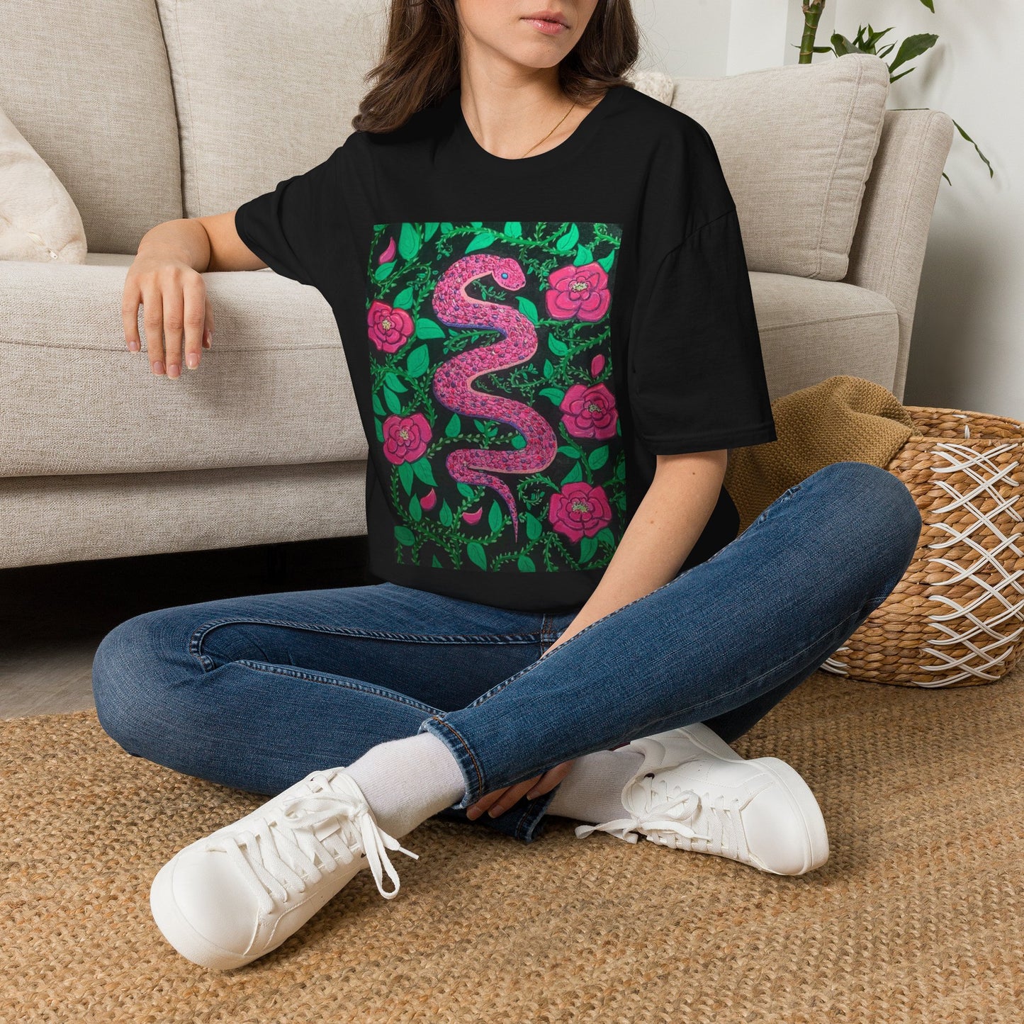 “Eden” T‑Shirt — Pink Serpent Floral Graphic Tee