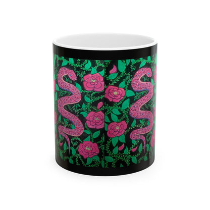 Pink Snake & Rose Ceramic Mug — 11oz/15oz Floral Serpent Coffee Cup