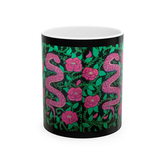 Pink Snake & Rose Ceramic Mug — 11oz/15oz Floral Serpent Coffee Cup