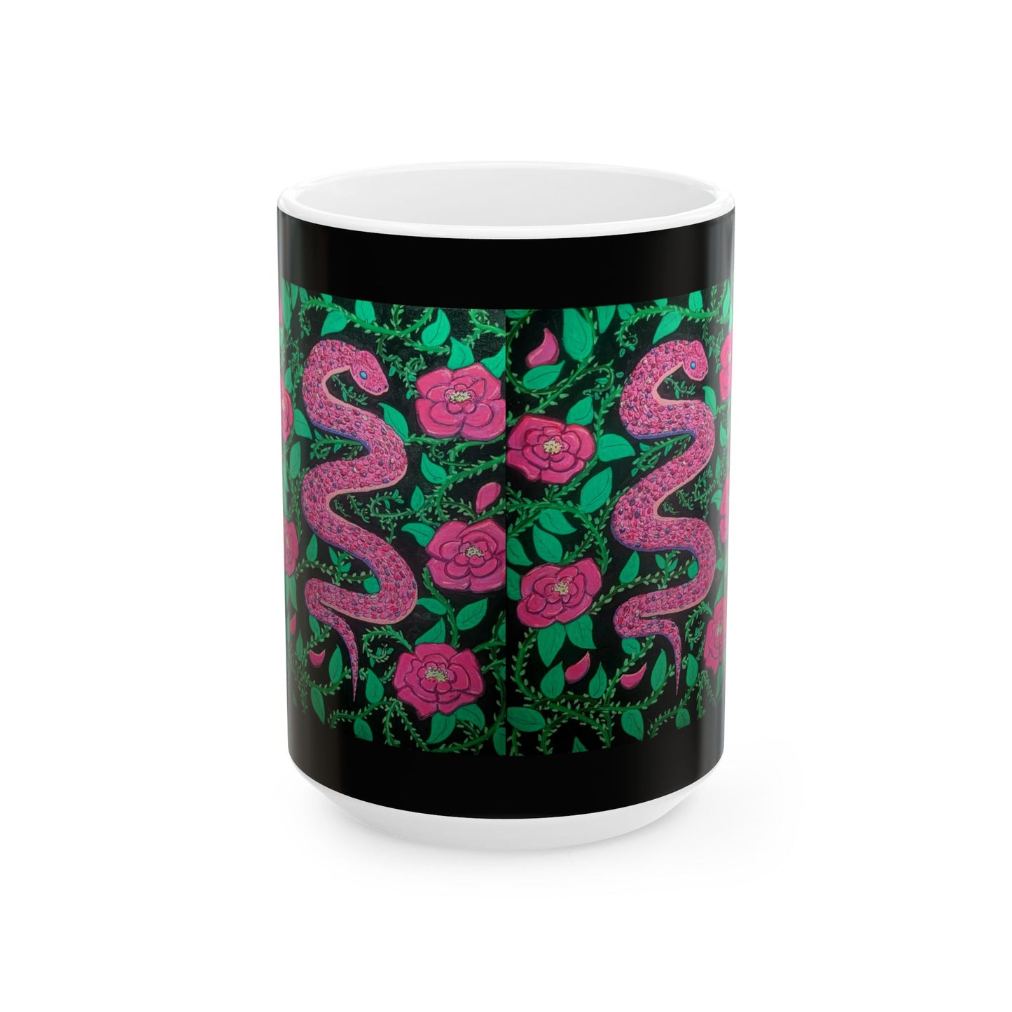 Pink Snake & Rose Ceramic Mug — 11oz/15oz Floral Serpent Coffee Cup