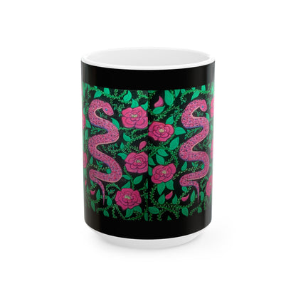 Pink Snake & Rose Ceramic Mug — 11oz/15oz Floral Serpent Coffee Cup