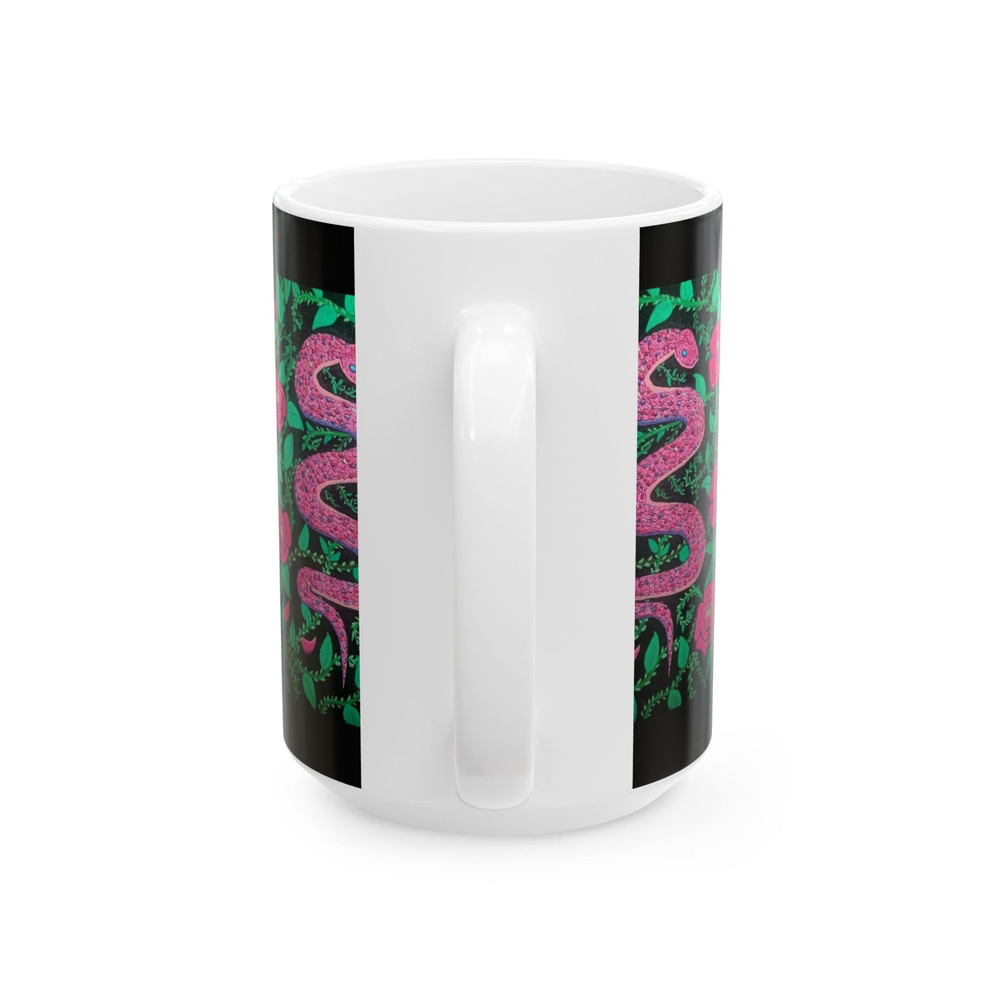 Pink Snake & Rose Ceramic Mug — 11oz/15oz Floral Serpent Coffee Cup