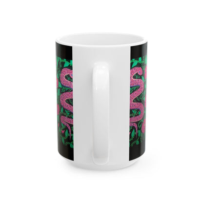 Pink Snake & Rose Ceramic Mug — 11oz/15oz Floral Serpent Coffee Cup