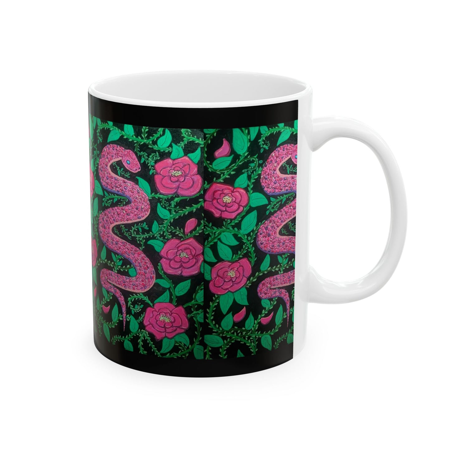 Pink Snake & Rose Ceramic Mug — 11oz/15oz Floral Serpent Coffee Cup