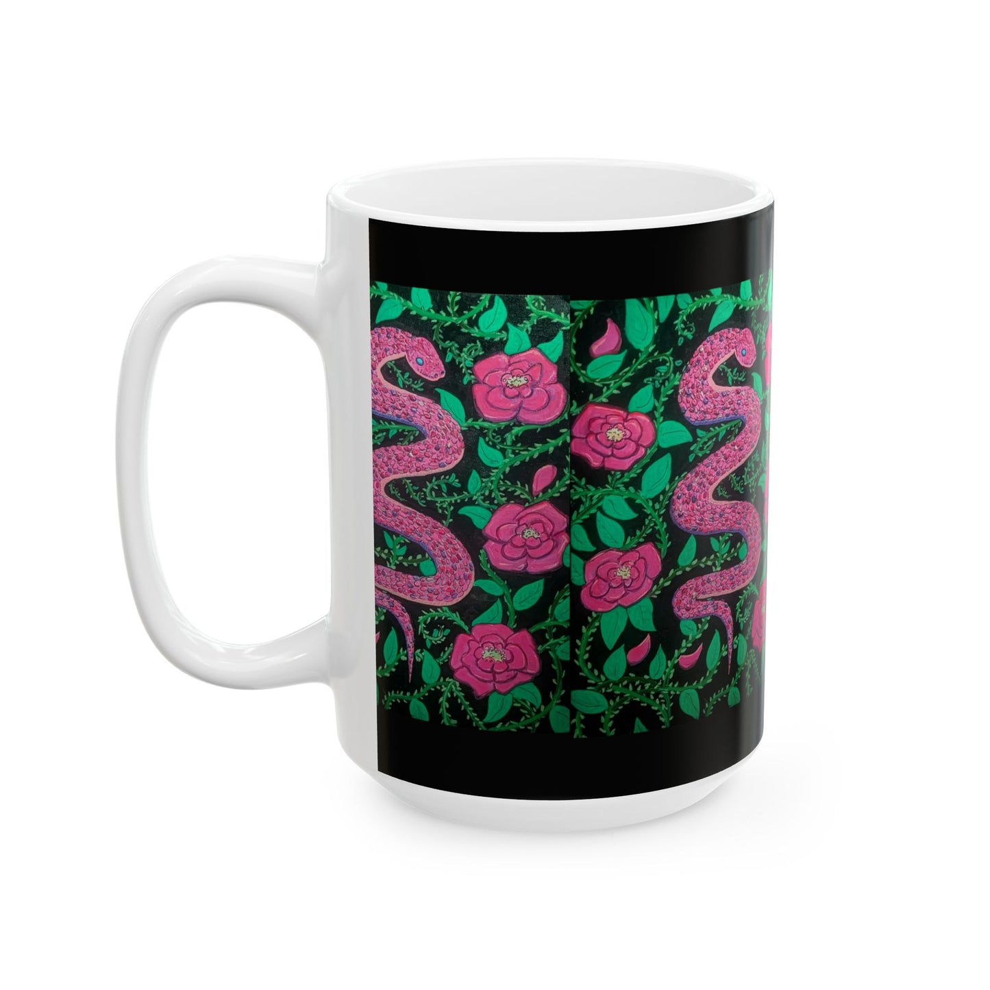 Pink Snake & Rose Ceramic Mug — 11oz/15oz Floral Serpent Coffee Cup