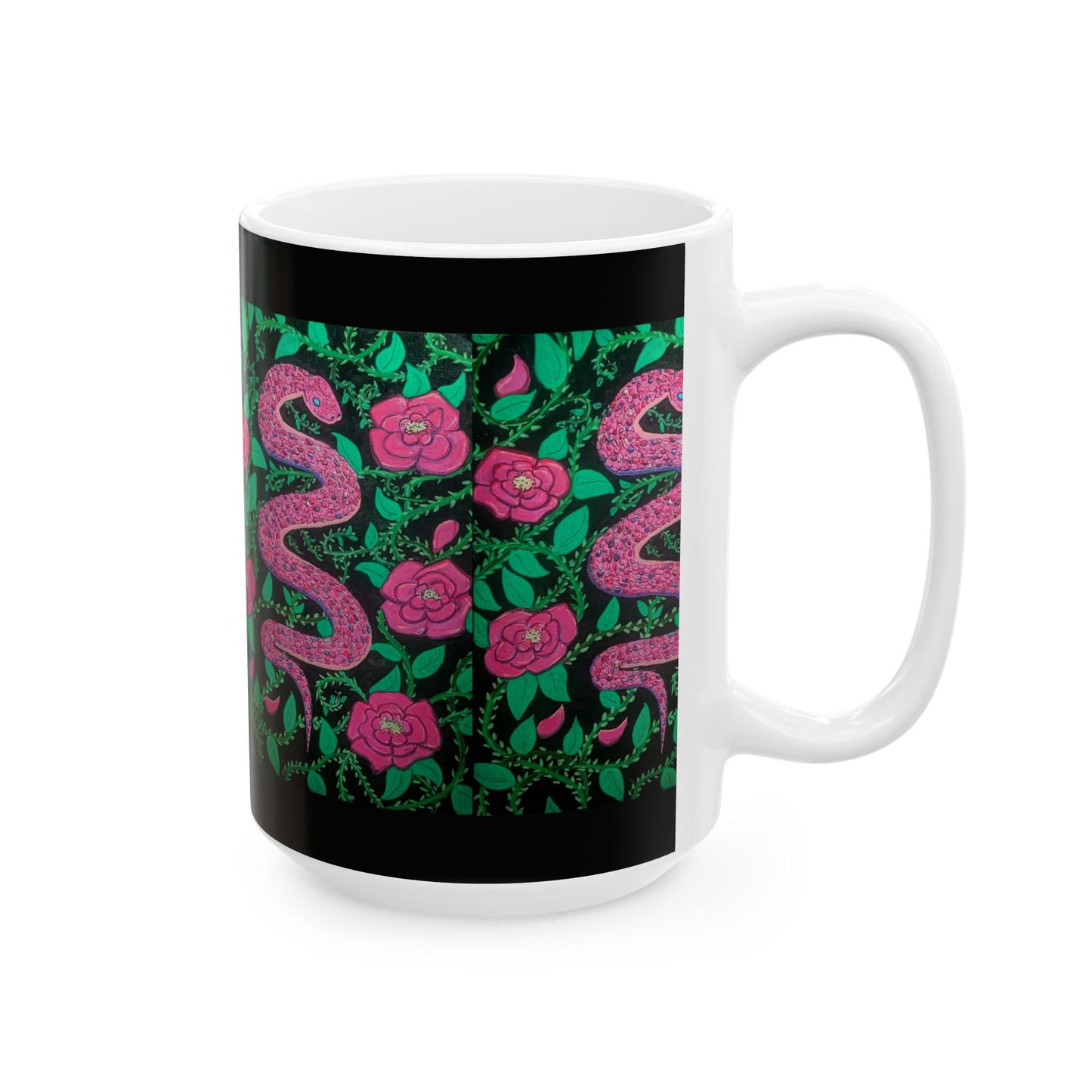 Pink Snake & Rose Ceramic Mug — 11oz/15oz Floral Serpent Coffee Cup