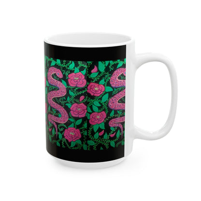 Pink Snake & Rose Ceramic Mug — 11oz/15oz Floral Serpent Coffee Cup