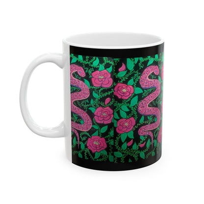 Pink Snake & Rose Ceramic Mug — 11oz/15oz Floral Serpent Coffee Cup