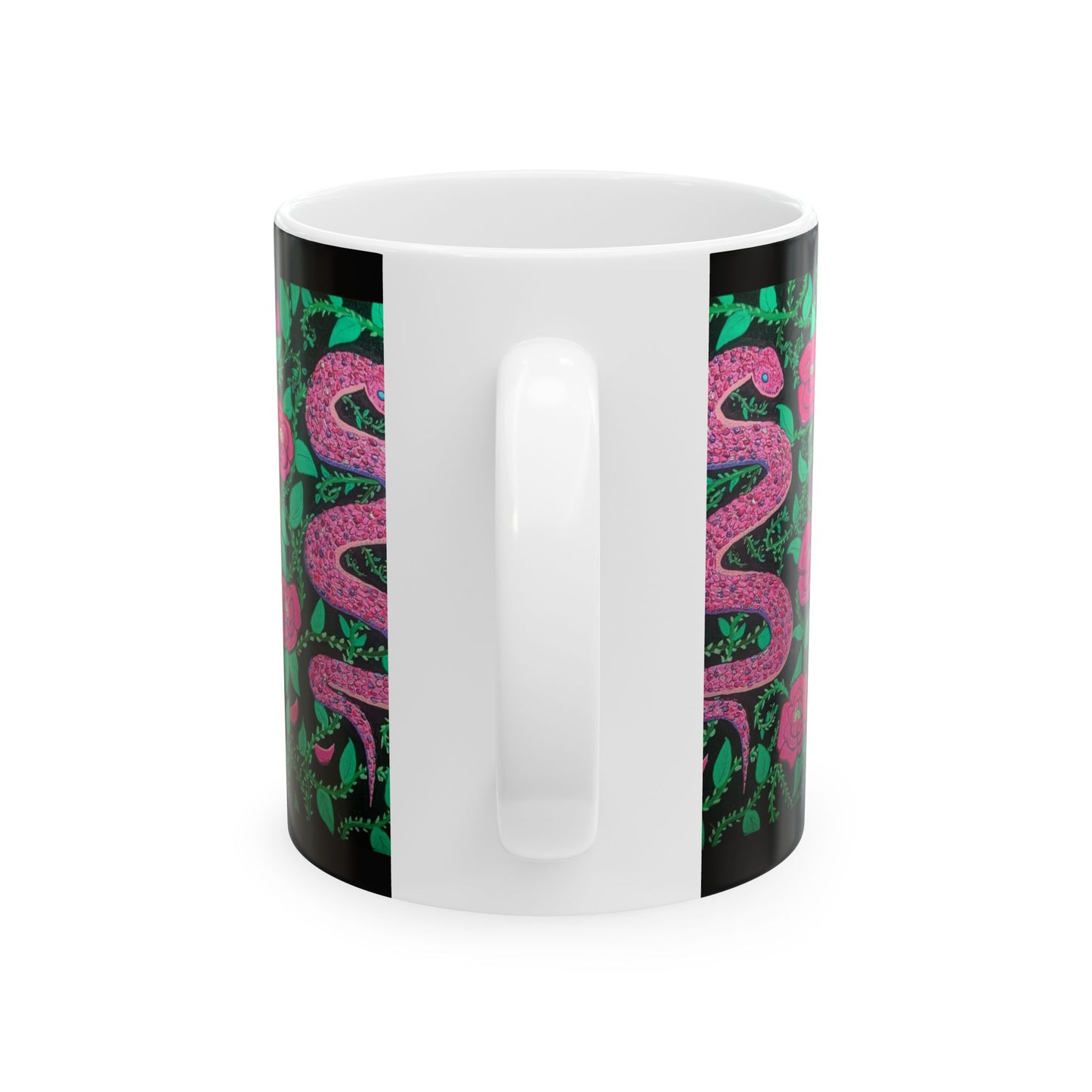 Pink Snake & Rose Ceramic Mug — 11oz/15oz Floral Serpent Coffee Cup